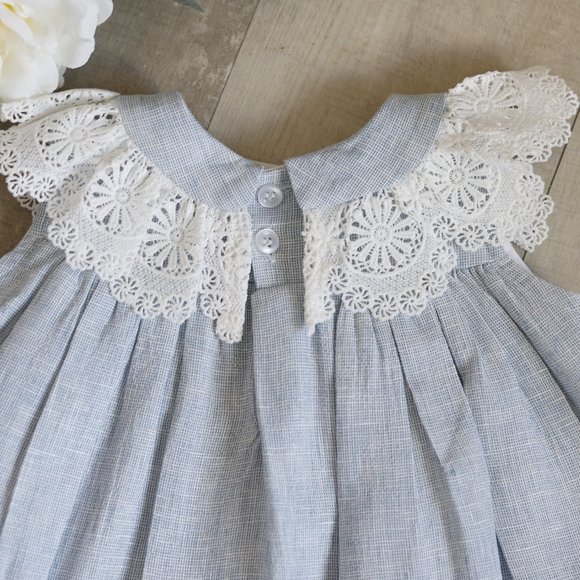 Blue Linen Float Dress Crocheted Lace Collar The Bailey Boys Boutique 3 Months - Picture 3 of 6